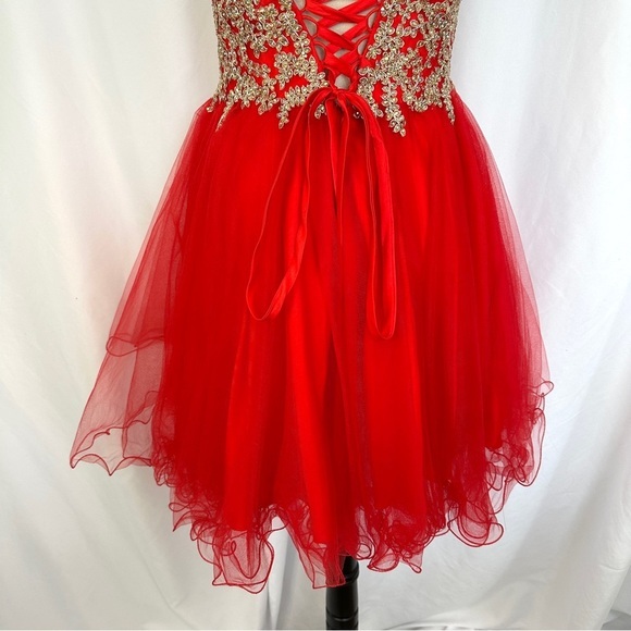 Damas By Tiffany Designs Beaded Dress GownSz Small Tulle Little Red Lace Corset - Picture 7 of 14